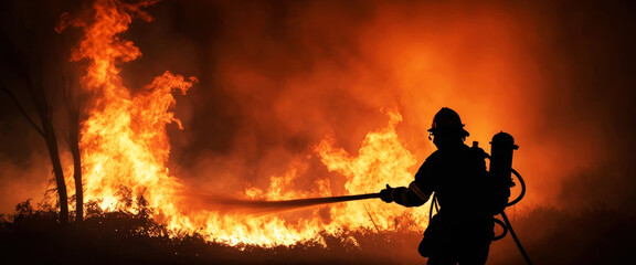 Silhouette of a fireman against the background of a large fire. Panorama.