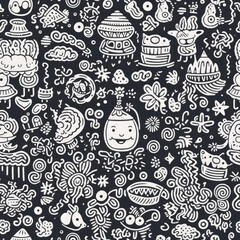 white doodle line,black background,vector graphic, seamless pattern, japonisme, harajuku outfit, khokhloma