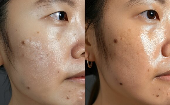 Transformation of woman's face before and after successful acne treatment captured in before and after images