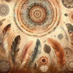 Intricate Feather and Mandala Patterns on a Warm Colored Background