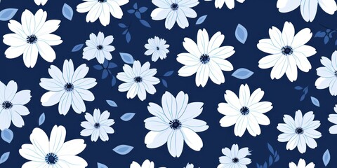 Indigo and white daisy pattern, hand draw, simple line, flower floral spring summer background design with copy space for text or photo backdrop 