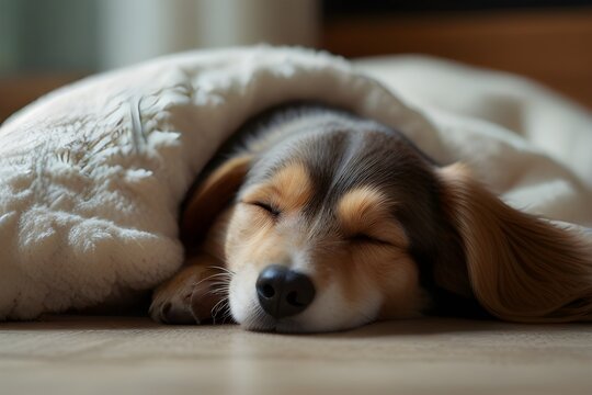 picture of a cuddly, humorous household animal curled up under a cozy blanket
