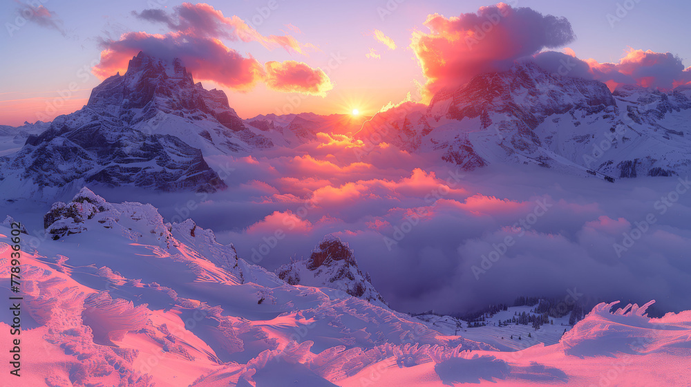 Poster sun sets on snow-capped mountain range with clouds in fg