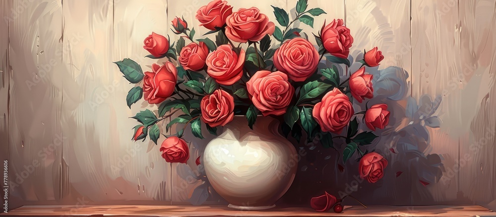 Wall mural A beautiful flower arrangement featuring a vase filled with red roses placed on a wooden table, showcasing the creativity of flower arranging