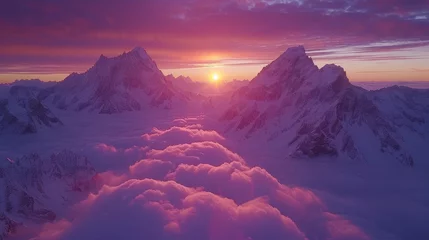 Papier Peint photo Lavable Aubergine   The sun descends over a mountainous landscape, adorned with clouds in the distance and a radiant pink backdrop