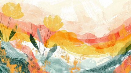 Abstract Colorful Landscape Art with Vibrant Floral Elements