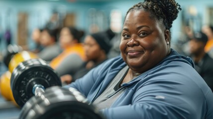 An empowering image of an oversized person in workout gear, confidently lifting weights in a gym setting, National Fitness Day - obrazy, fototapety, plakaty