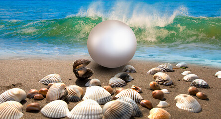 Fototapeta na wymiar A pearl between the sea waves and sea foam with seashells of different shapes and colors