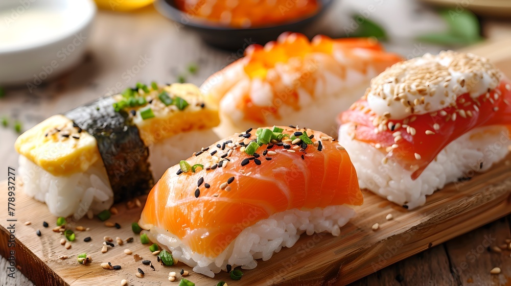 Poster Assorted Fresh Sushi on a Wooden Board for Culinary Delights. Delicious Japanese Food. Great for Restaurant Menus or Food Blogs. AI