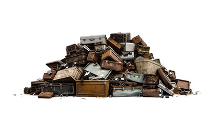 Pile of Various Vintage Suitcases on White Background. Luggage Concept. Travel and Adventure Theme. Retro Style Image. AI