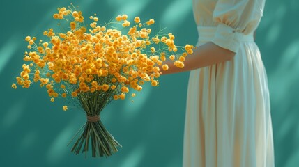   A woman in a white dress holds a bouquet of yellow flowers against a teal background, with a shadow of the same woman