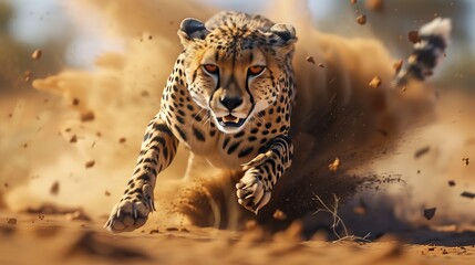Hyperrealistic cheetah sprinting in savanna with defined muscles and dramatic lighting