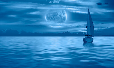 Lone yacht with Super Full Moon "Elements of this image furnished by NASA "