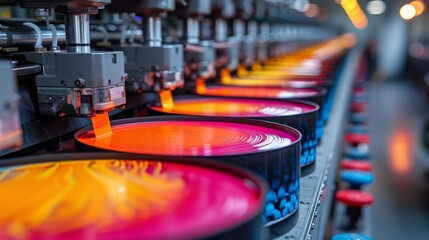 Automated paint dispensing machinery creating swirls of color in cans on an assembly line.