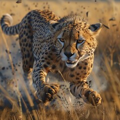 Wild cheetah sprinting, photorealistic image captured in the savannahs natural light ,ultra HD,clean sharp