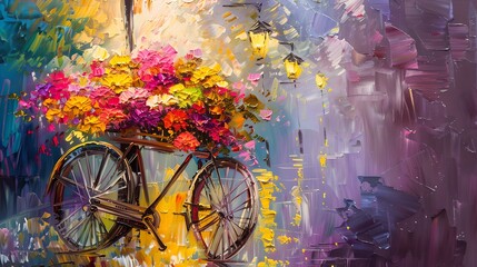 Vibrant Oil Painting of a Bicycle Laden with Flowers, Art for Home Decor. A Burst of Color and Joy in Artistic Style. Perfect for Brightening Walls. AI