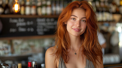 Portrait red haired young woman, 20 - 25 years old. Female barista or waiter, administrator or...