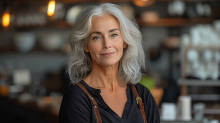 Fototapeta premium Portrait senior businesswoman, 60 - 65 years old. Gray haired mature middle aged woman standing at workplace. Female manager, administrator or hostess of a restaurant business looking at camera.