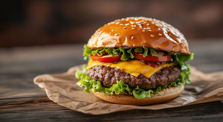 a classic cheeseburger on a rustic wooden table