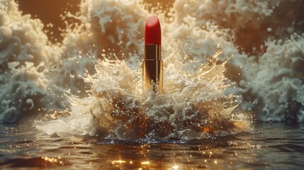   A close-up photo of a red lipstick floating on top of water, with droplets of water splashing to its side - obrazy, fototapety, plakaty