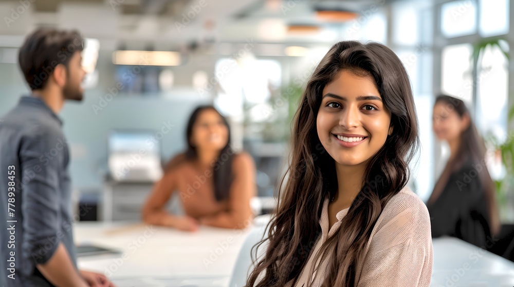 Poster Confident young professional smiling in a modern office space. Colleagues in the background. Perfect for corporate uses. Casual work environment captured. AI