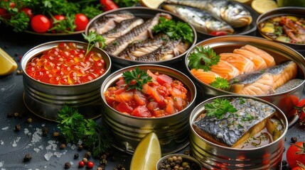 Diverse Delicacies: Assortment of Canned Fish in Open Tins, Offering a Wide Range of Flavors and Options for Culinary Creations
