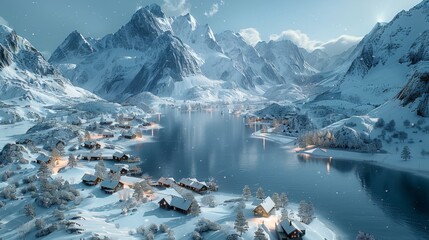  A stunning snowy mountain scene featuring a quaint village and serene lake in the foreground, surrounded by majestic snow-capped peaks in the background
