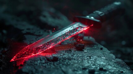 Close up of a dangerous knife with red light - obrazy, fototapety, plakaty