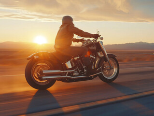 Motorcyclist in motion on open road at sunset, embodying freedom and adventure in travel