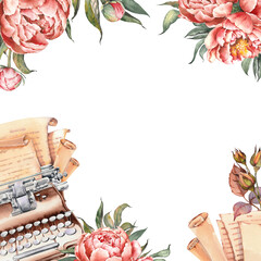 Square card with vintage typewriter, paper scrolls and peony flowers. Hand painted watercolor illustration.