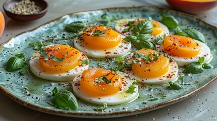   A plate of hard-boiled eggs seasoned with herbs sits beside an orange bowl and glass of orange juice