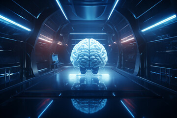 A brain is displayed in a room with a chair and a computer - obrazy, fototapety, plakaty