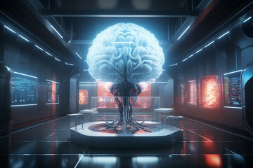 A brain is on display in a room with a lot of technology - obrazy, fototapety, plakaty