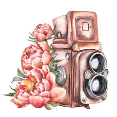 Retro camera with pink peony flowers. Isolated watercolor clip art. Vintage hand painted illustration.