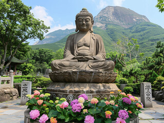 Serene Buddha statue surrounded by lush hydrangeas under a clear blue sky in a tranquil garden