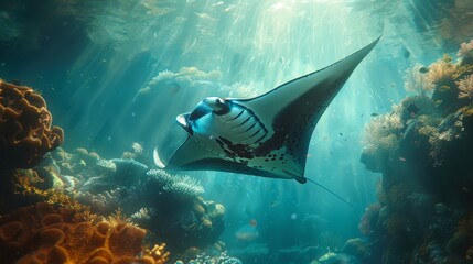 Giant manta ray gliding over sunlit coral reef, light reflecting on its skin in photorealistic image - obrazy, fototapety, plakaty