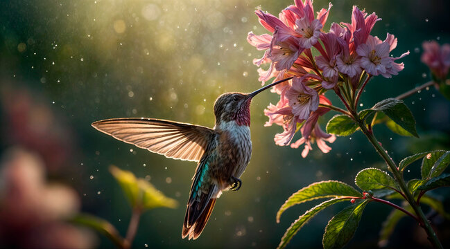 A collibri drinks nectar from flowers