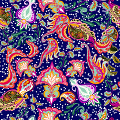 Estampa sem emendas, com estilo paisley, elementos desenhados digitalmente, coloridos, alegres, vibrantes, rosa, azul, magenta, verde, folhas de louro, folhagens, flor, pontos, 