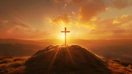 Cross, symbol of faith and salvation, silhouetted against stunning sunset, casting long shadows - obrazy, fototapety, plakaty