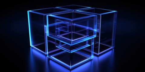 Indigo glass cube abstract 3d render, on black background with copy space minimalism design for text or photo backdrop 