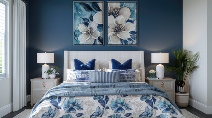 Modern Elegance Contemporary Bedroom with Semi-Transparent Floral Print Bedding, Cyanotype Effect Floral Wallpaper, and Dynamic Floral Artwork
