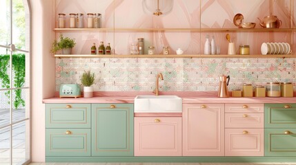 modern kitchen with pink and green cabinets, gold accents, light wood floors, pastel wall tiles with a white pattern, pink marble countertop, a copper liquid soap collection