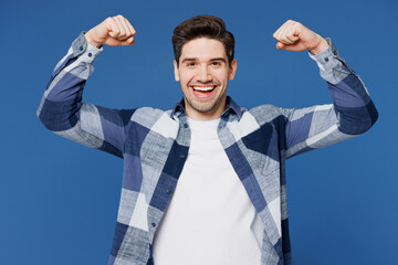 Young strong sporty fitness man he wear shirt white t-shirt casual clothes showing biceps muscles...