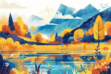 autumn mountain landscape with trees and lake