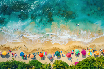 A far away aerial view of a beautiful beach filled with colorful umbrellas and sunbeds - obrazy, fototapety, plakaty