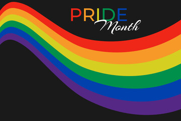 Poster, banner template for Pride Month. A wavy rainbow of LGBT flag colors. Text Pride Month