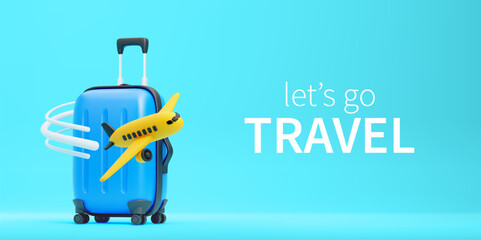 Lets go travel concept. 3d cartoon yellow airplane with white track fly around of blue suitcase on turquoise background. Vector illustration.