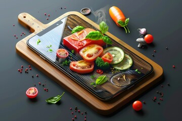 Cutting board with vegetables, ingredients, and an iPhone placed on top for cooking recipe preparation concept