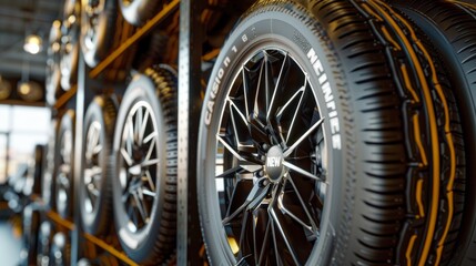 Car Tires on Display in Tire Shop, Automotive Selection, Blurred Background