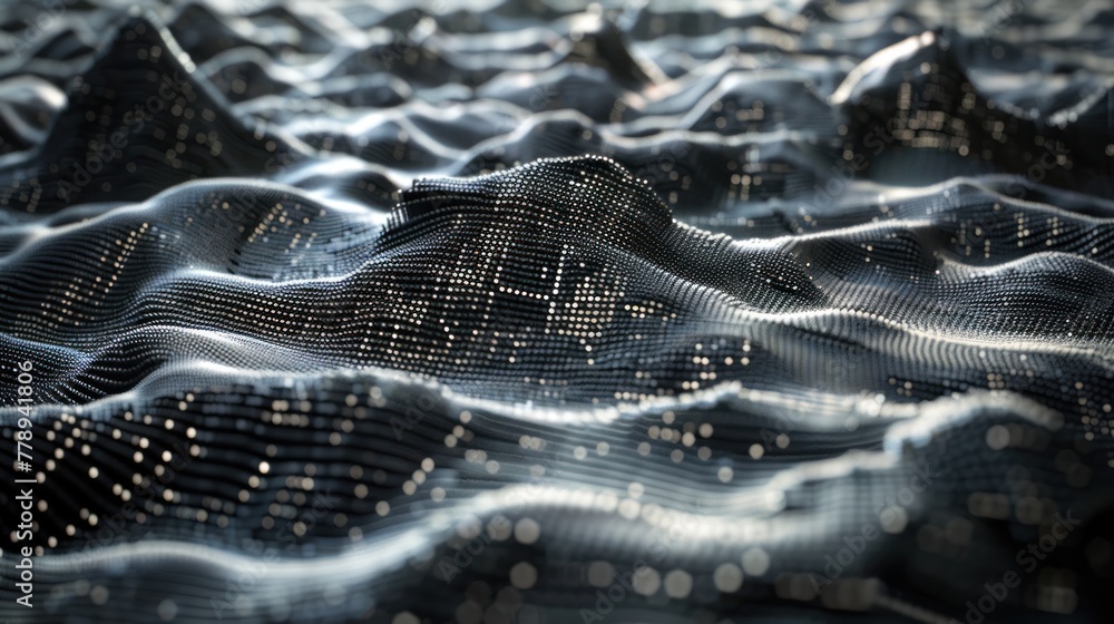 Poster computer-generated simulation of waves and dots interacting in a digital environment